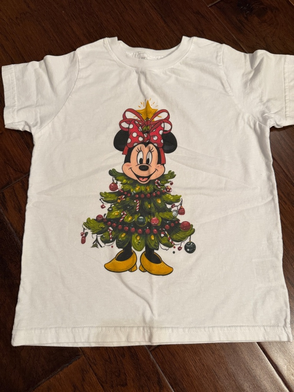 Rabbit Skins White Minnie Mouse Christmas Tree Tee with Red Bow